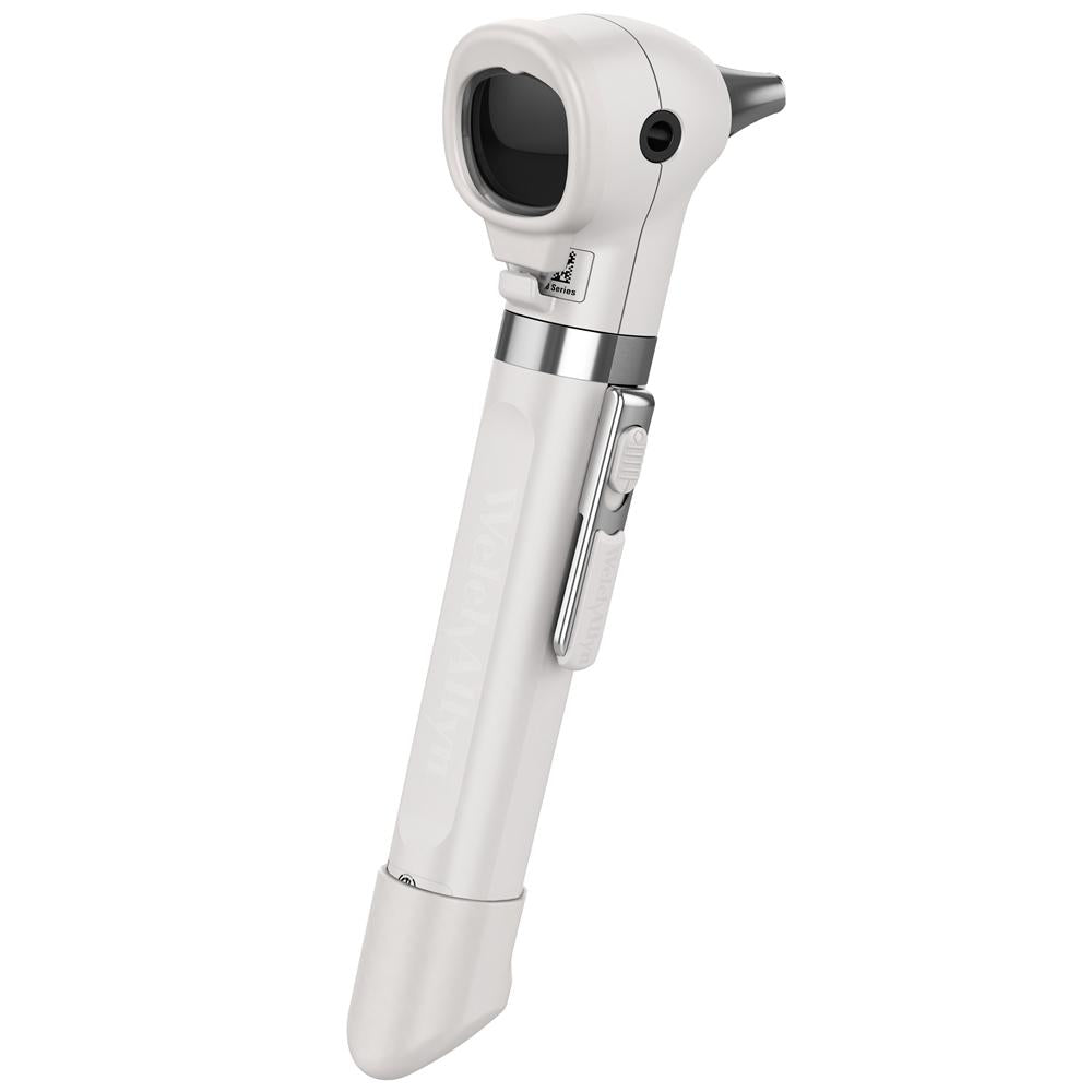 A white Welch Allyn Pocket Plus LED Otoscope with a dropside design and a circular LED light on top.
