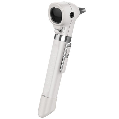 A white Welch Allyn Pocket Plus LED Otoscope with a dropside design and a circular LED light on top.