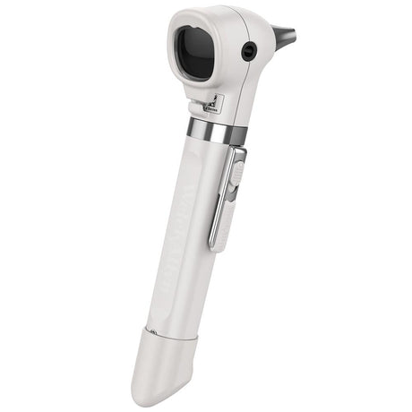 A white Welch Allyn Pocket Plus LED Otoscope with a dropside design and a circular LED light on top.