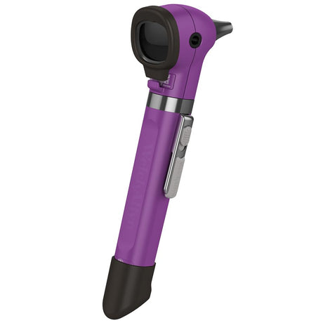 A purple Welch Allyn Pocket Plus LED Otoscope with a dropside design and a circular LED light on top.