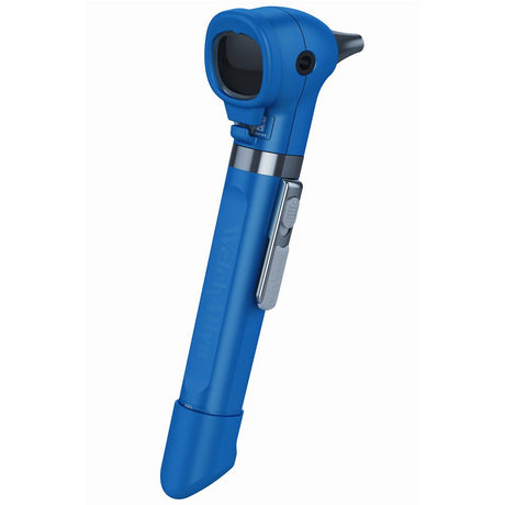 A blue Welch Allyn Pocket Plus LED Otoscope with a dropside design and a circular LED light on top.