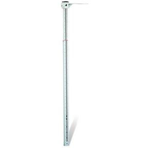 A silver telescopic measuring rod with a metallic scale in a white background.