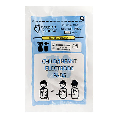 Packaging of Cardiac Science Child/Infant Electrode Pads with graphic illustrations and text indicating the product is for children, with a blue and white color theme.