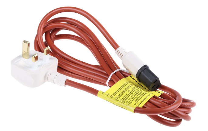A hospital grade red power cable with a UK plug and a yellow label on it.