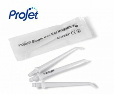 Packaging and a pair of silicone ear tips for use with a ear irrigator, labeled as PROJET.