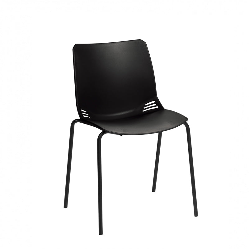 A modern visitor chair with a one-piece moulded polypropylene seat in a black colour, black frame, and four legs.