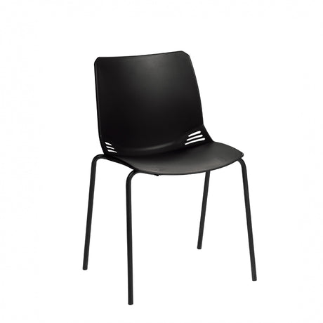 A modern visitor chair with a one-piece moulded polypropylene seat in a black colour, black frame, and four legs.