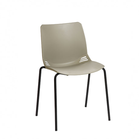 A modern visitor chair with a one-piece moulded polypropylene seat in a cream colour, black frame, and four legs.