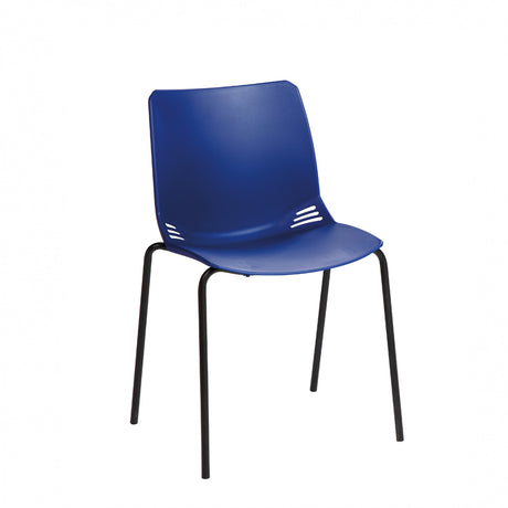 A modern visitor chair with a one-piece moulded polypropylene seat in a blue colour, black frame, and four legs.