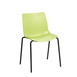 A modern visitor chair with a one-piece moulded polypropylene seat in a pale green colour, black frame, and four legs.