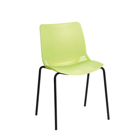 A modern visitor chair with a one-piece moulded polypropylene seat in a pale green colour, black frame, and four legs.