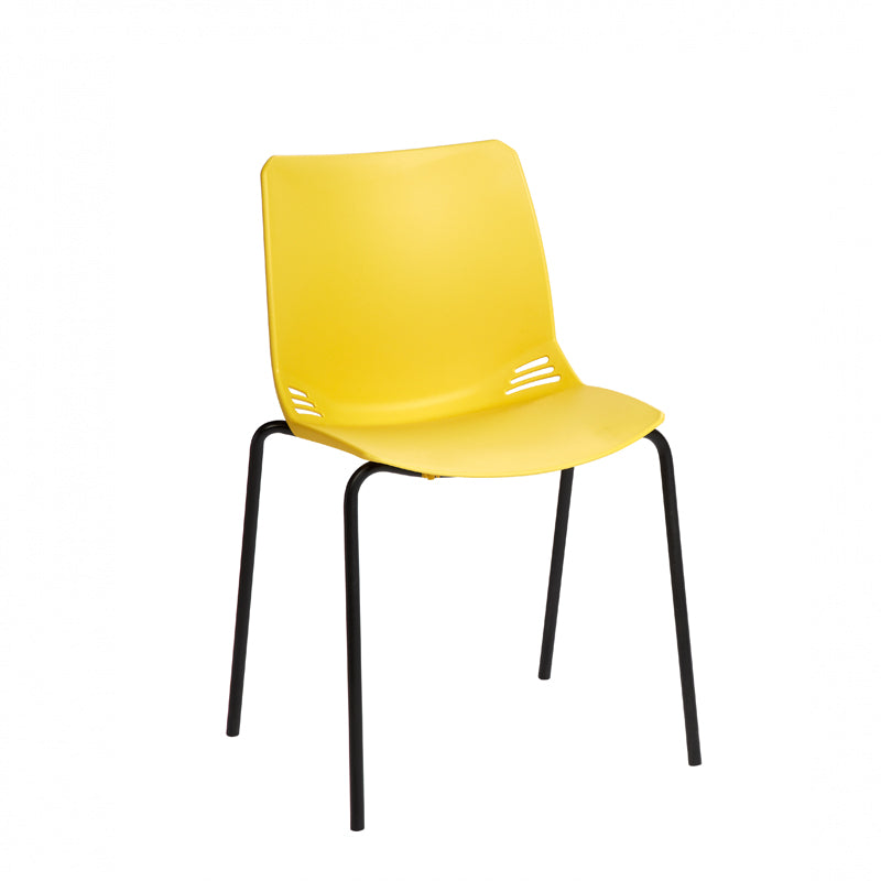 A modern visitor chair with a one-piece moulded polypropylene seat in a yellow colour, black frame, and four legs.