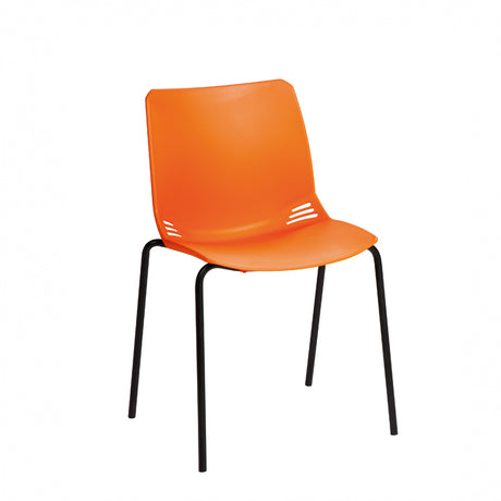 A modern visitor chair with a one-piece moulded polypropylene seat in a orange color, black frame, and four legs.