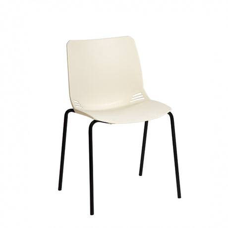 A modern visitor chair with a one-piece moulded polypropylene seat in a beige color, black frame, and four legs.