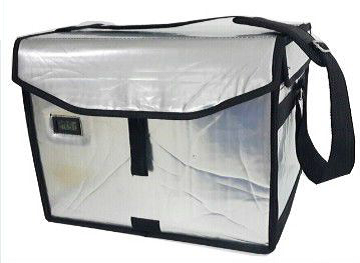 A foldable 10L spacesaver medical cool box with a silver reflective surface and black straps, designed for keeping contents at a specific temperature range.