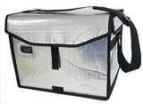 A foldable 10L spacesaver medical cool box with a silver reflective surface and black straps, designed for keeping contents at a specific temperature range.