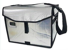 A foldable 10L spacesaver medical cool box with a silver reflective surface and black straps, designed for keeping contents at a specific temperature range.