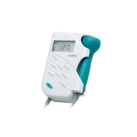 A white SonoTrax Basic Foetal Doppler with a blue waterproof probe, displaying an FHR reading on its LCD screen.