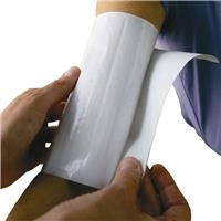 A person's arm with a blood pressure cuff attached, showing the hygienic barrier liner being applied to the cuff.