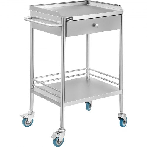 2-Layer Lab Medical Cart with Upper Drawer Stainless Steel  Max Load 100kg