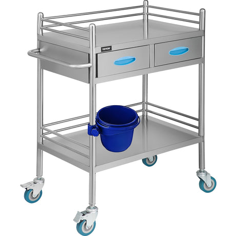 A silver lab medical cart with two drawers, shelves, and equipped with swivel casters.